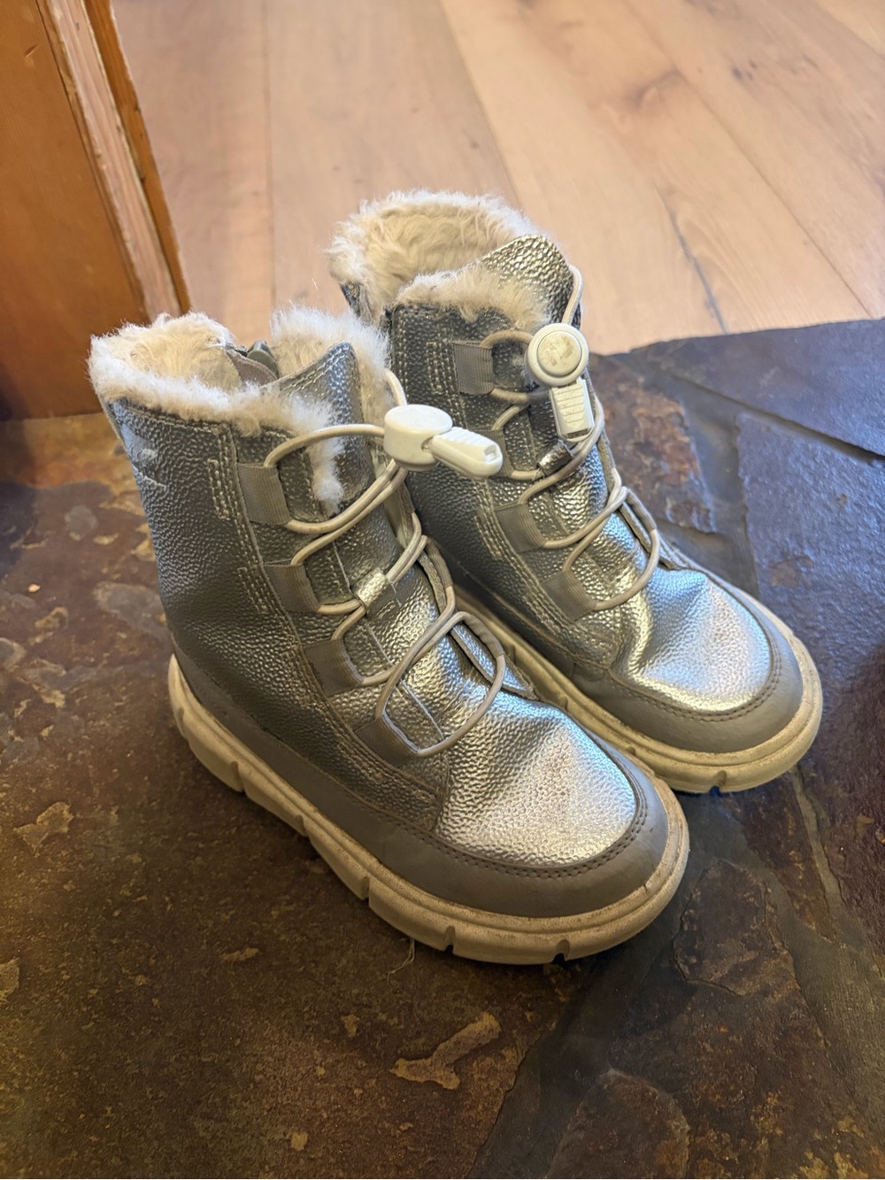 Sorel Metallic Silver Kids Winter Boots with Faux Fur Trim